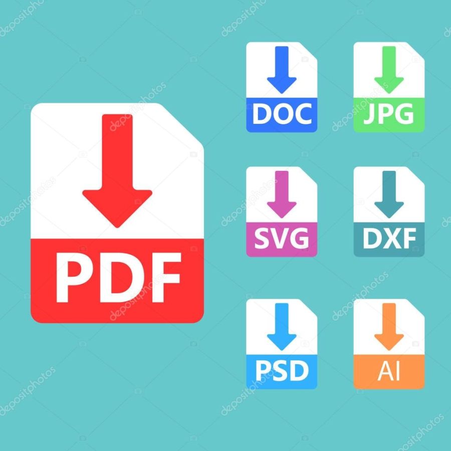 PDF, SVG, DOC, JPG, PSD, AI file formats. Vector icons.