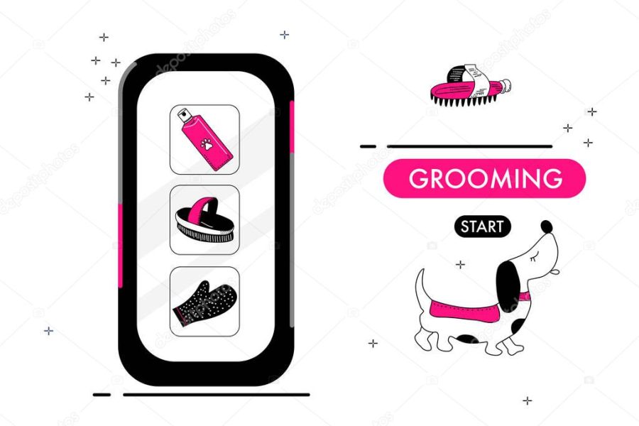 Phone with online pet shop or grooming salon.Glamour store website.Ordering goods and food for domestic animals from home. Sale through internet.Catalog of tools for fur,nails care.Vector doodle style