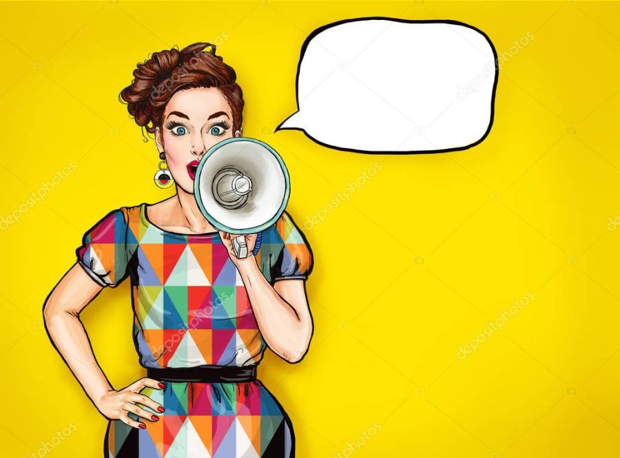 Pop art girl with megaphone. Woman with loudspeaker. Advertising poster with lady announcing discount or sale.