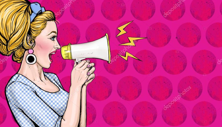 Pop art girl with megaphone. Woman with loudspeaker. Advertising poster with lady announcing discount or sale.