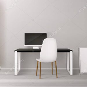 Room interior, workplace with desk, seat and pc