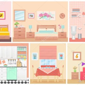 Room interiors. Vector illustration in flat design. Cartoon hous