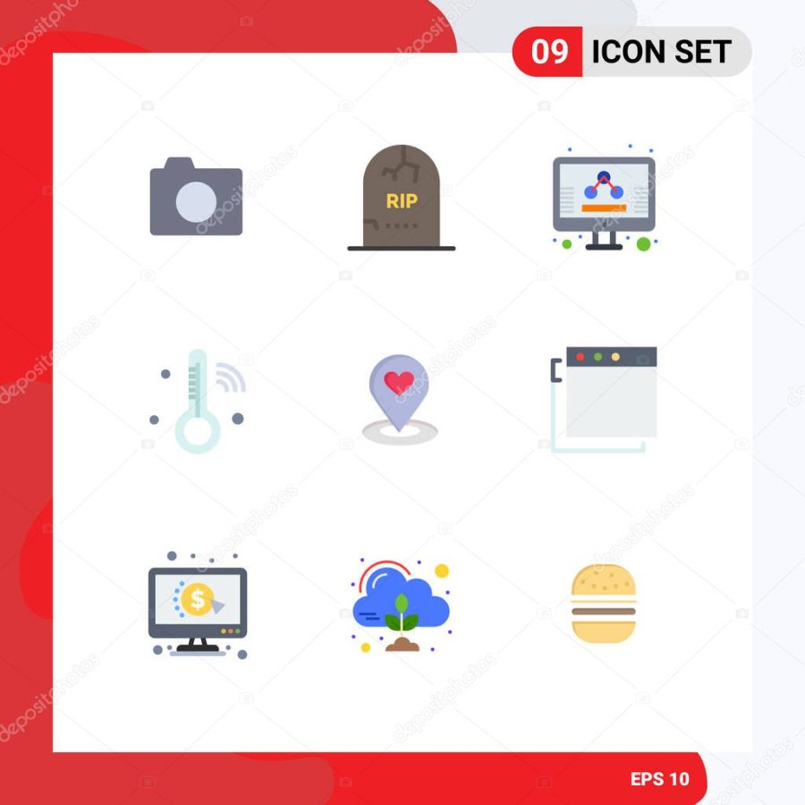 Set of 9 Vector Flat Colors on Grid for location, temperature, halloween, iot, screen Editable Vector Design Elements