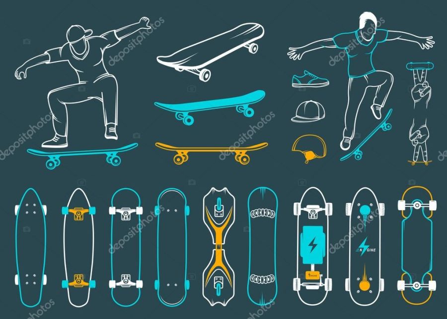 Set of Skateboards, Equipment, and Elements of Street Style