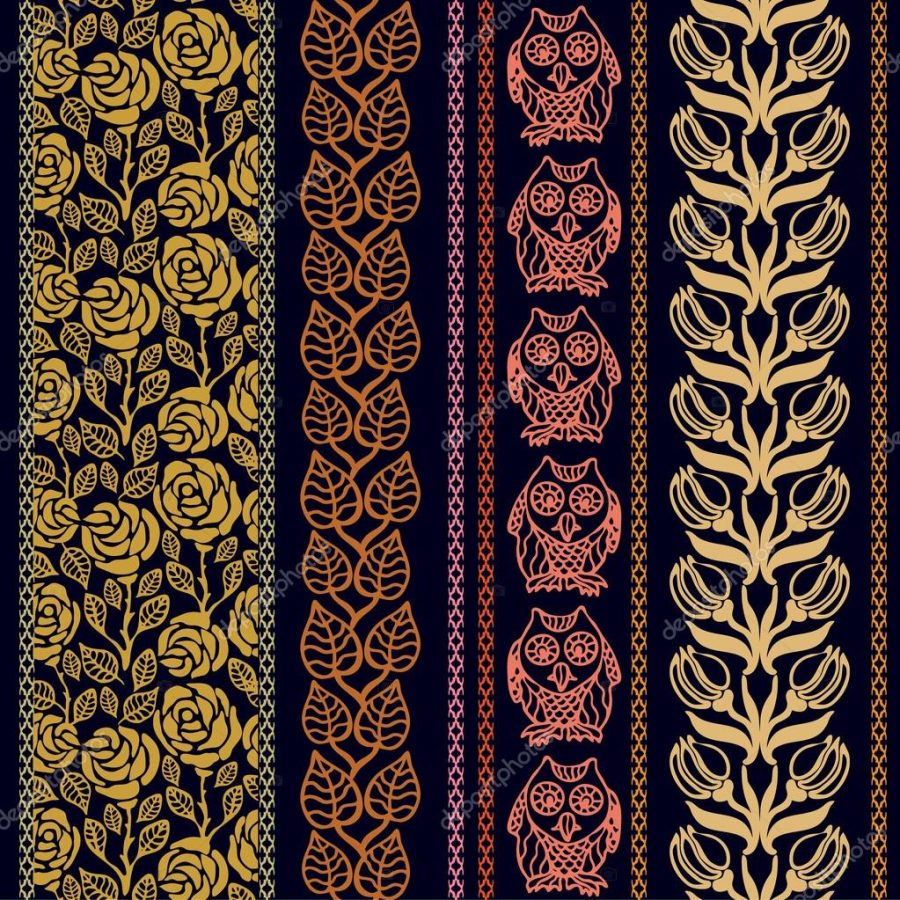 Set of bohemian seamless borders. Retro roses pattern, blooming tulips, owls, leaves.