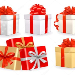 Set of colorful vector gift boxes with bows and ribbons.