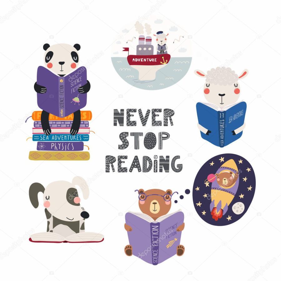 Set of cute funny animals with books and quote never stop reading Isolated objects on white background. Hand drawn vector illustration. Scandinavian style flat design. Concept children print.
