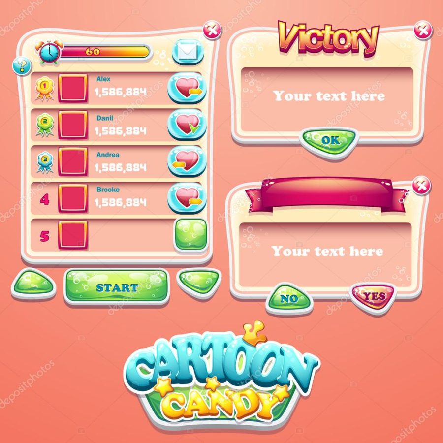 Set of different windows for the user interface of computer games