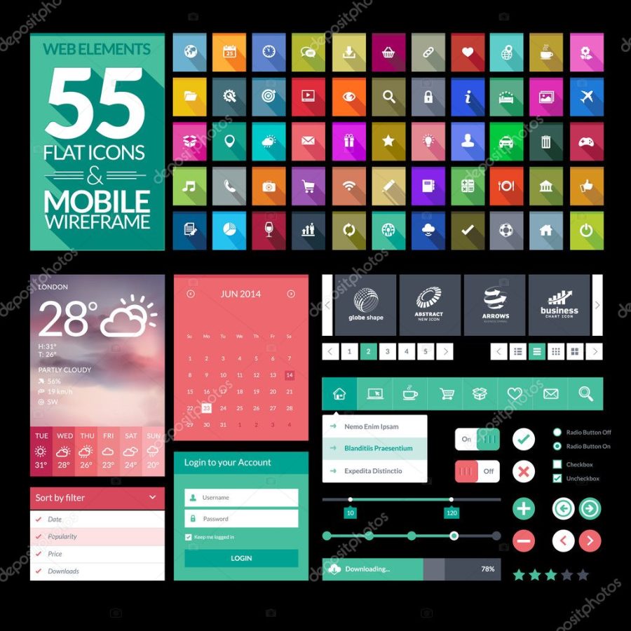 Set of flat design icons, elements, widgets