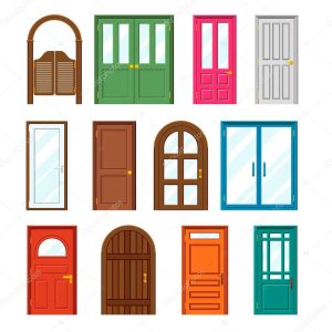 Set of front buildings doors in flat design style