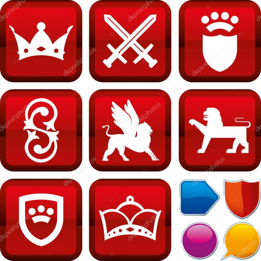 Set of medieval icons on square buttons. Geometric style.