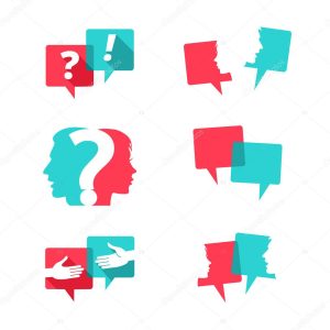 Set of speech bubbles with people faces, handshake and question mark