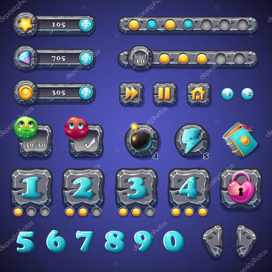 Set stone buttons, progress bars, bars objects, coins, crystals, icons, boosters and other ellementov for web design and user interface of computer games