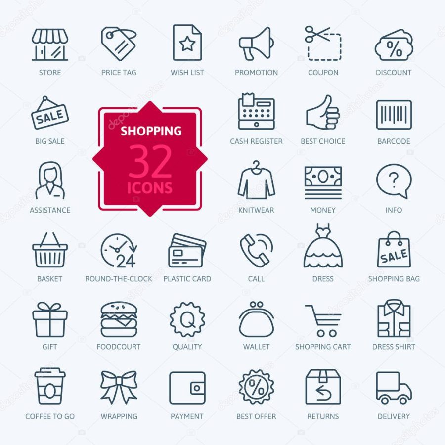 Shopping malls, retail - outline web icon collection, vector, thin line icons collection