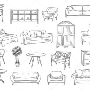 Sketches furniture. Modern interior objects chairs beds technical drawings for architectural design projects recent vector illustrations set collection