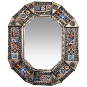 Small Octagonal Talavera Tile Mirror - Oxidized Finish