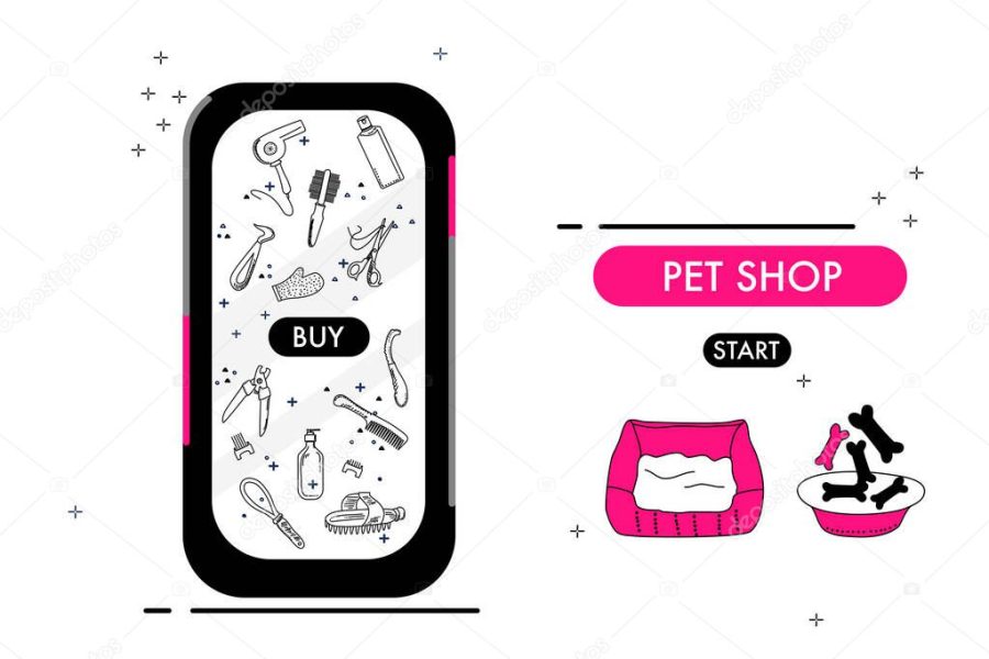 Smartphone with online pet shop.Glamour store website.Catalog of grooming tools for fur,nails care.Ordering goods and food for domestic animals from home.Sale, buy through internet.Vector doodle style