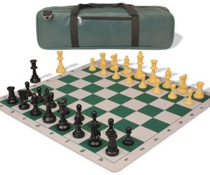 Standard Club Carry-All Plastic Chess Set Black & Camel Pieces with Lightweight Floppy Board - Green