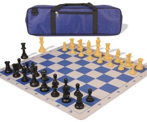 Standard Club Carry-All Plastic Chess Set Black & Camel Pieces with Lightweight Floppy Board - Royal Blue