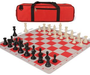 Standard Club Large Carry-All Plastic Chess Set Black & Ivory Pieces with Lightweight Floppy Board - Red