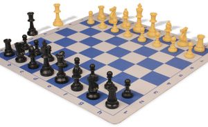 Standard Club Plastic Chess Set Black & Camel Pieces with Lightweight Floppy Board - Blue