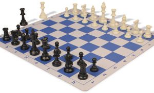 Standard Club Plastic Chess Set Black & Ivory Pieces with Lightweight Floppy Board - Blue