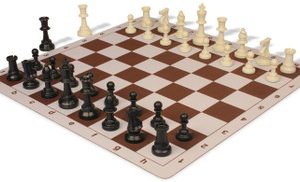 Standard Club Plastic Chess Set Black & Ivory Pieces with Lightweight Floppy Board - Brown