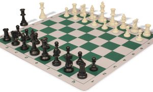 Standard Club Plastic Chess Set Black & Ivory Pieces with Lightweight Floppy Board - Green