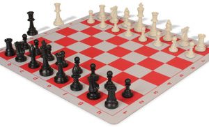 Standard Club Plastic Chess Set Black & Ivory Pieces with Lightweight Floppy Board - Red