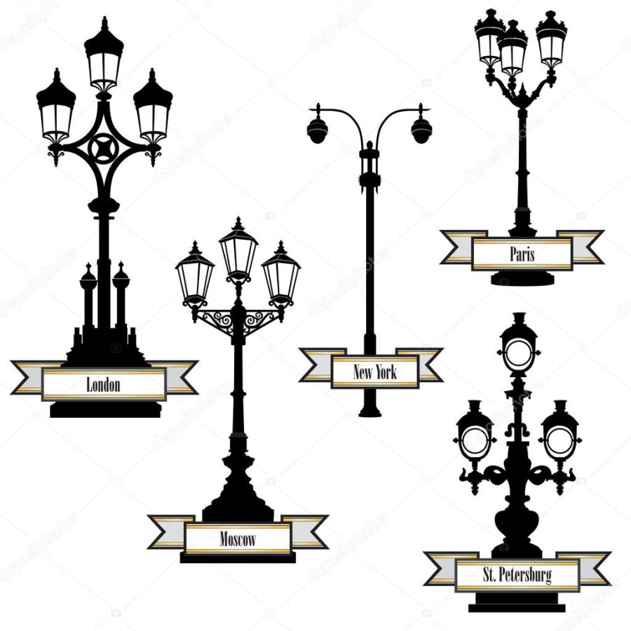 Street lamp label set. Street lights of London, PAris, New-York, Moscow, St Petersburg retro collection