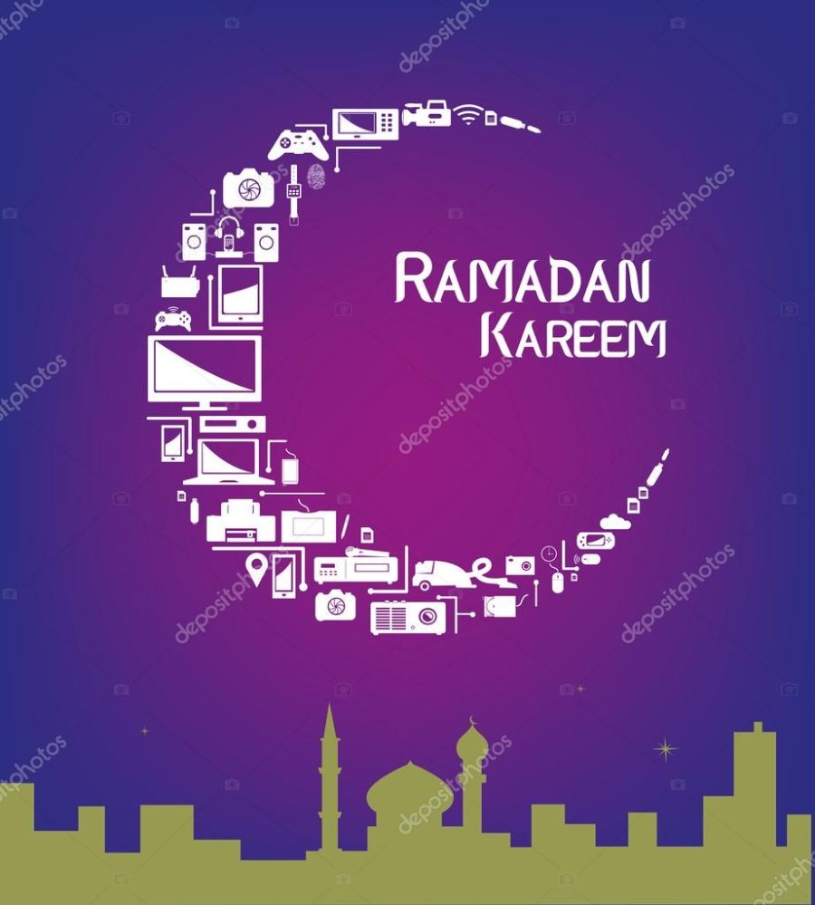 Technological products forming a Crescent Moon with a mosque within a city. Promotional sale layout artwork for Ramadan season. Editable EPS10 vector and jpg illustration.