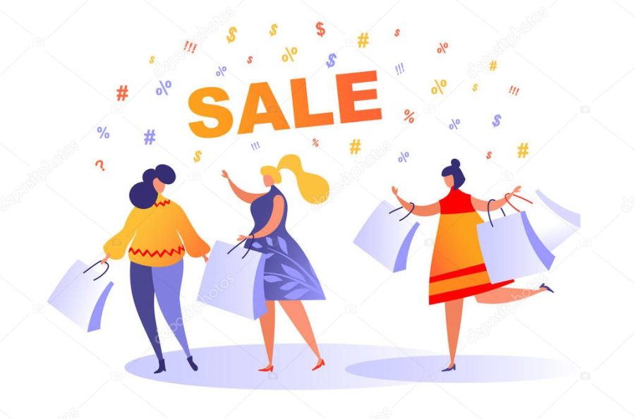 Three happy women with packages go shopping at a sale in a shopping center. Seasonal sale with female flat trend characters. Vector illustration, concept of shopping, sale, shopaholism, spending money