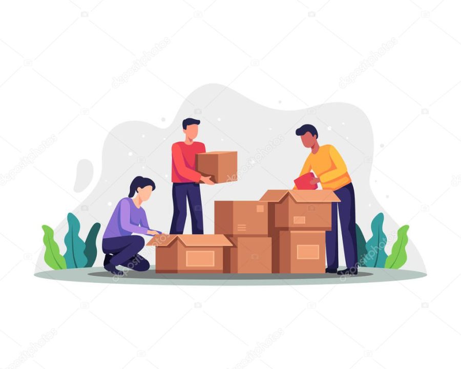 Volunteers packing donation boxes. People collect different things in donation boxes, Donation and charity concept. Vector illustration for charity, welfare, assistance concept. Vector in a flat style