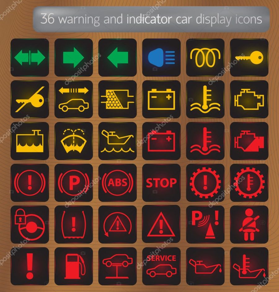 Warning and indicator car display icons set