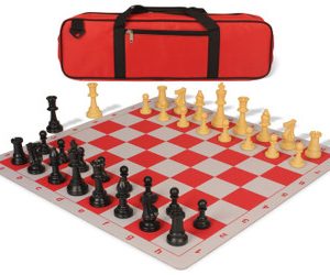 Weighted Standard Club Large Carry-All Plastic Chess Set Black & Camel Pieces with Lightweight Floppy Board - Red