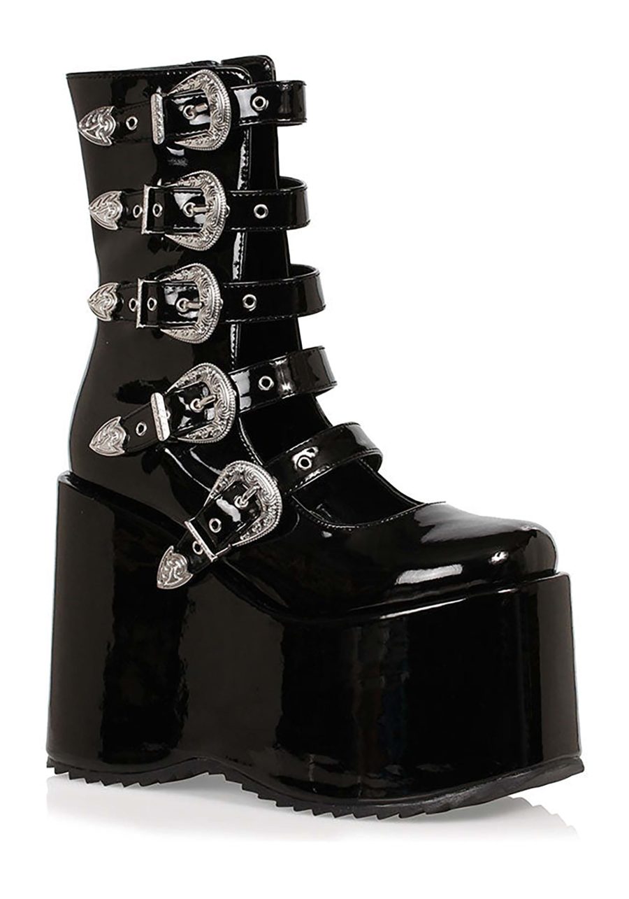 Women's Black Platform Buckle Strap Boots