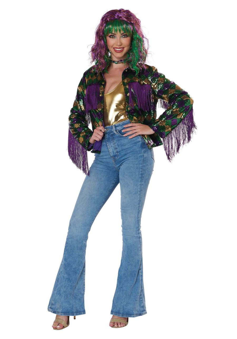 Women's Mardi Gras Sequin with Fringe Trim Jacket