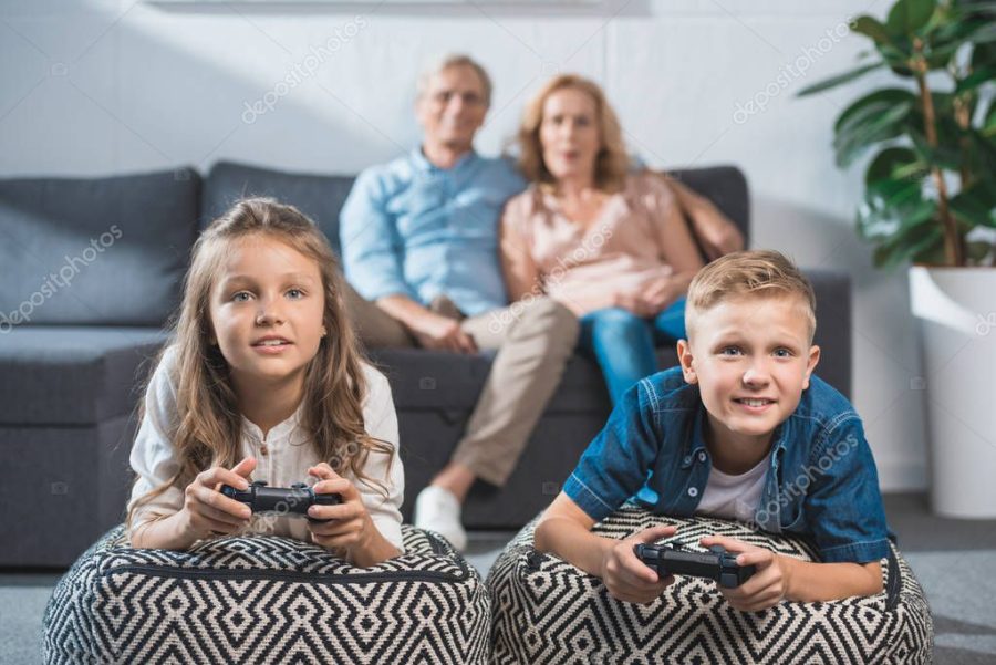 children playing video game