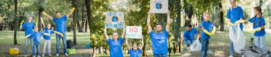 collage of volunteers family holding placards with no planet b inscription, collecting rubbish in forest, and showing win gesture, ecology concept, banner