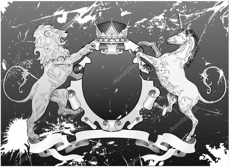 grunge shield coat of arms lion, unicorn, crown