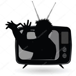 man mocks with tv illustration