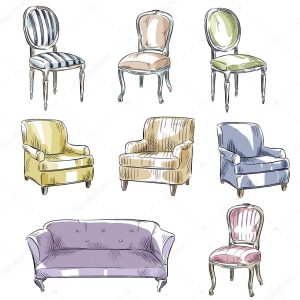 set of hand drawn chairs and sofas, vector illustration