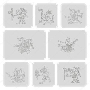 set of monochrome icons with symbols from Aztec codices