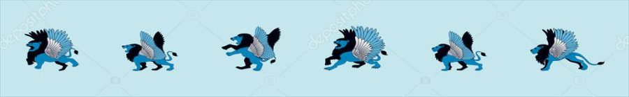 set of winged lion. cartoon icon design template with various models. modern vector illustration isolated on blue background