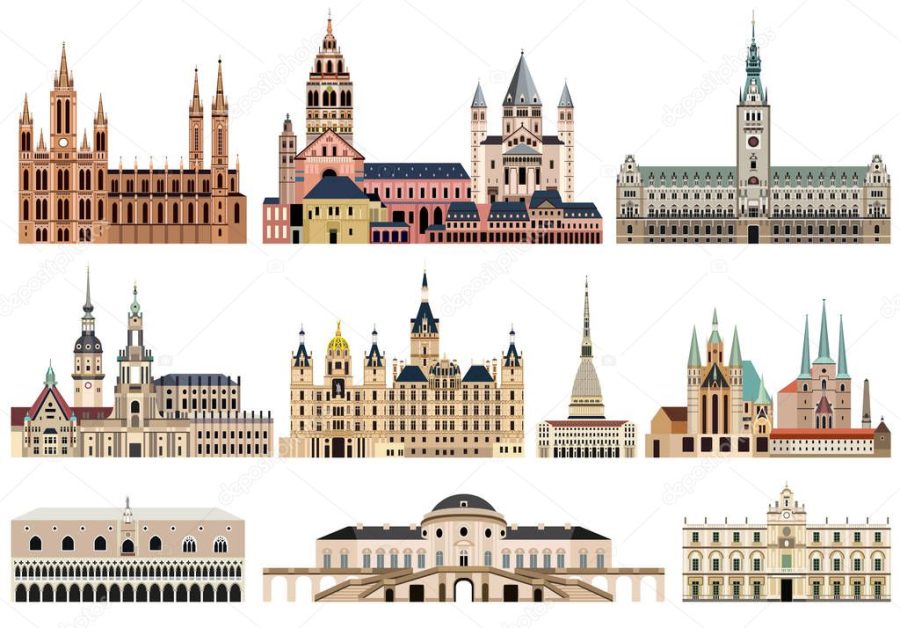 vector collection of high detailed isolated city halls, landmarks, cathedrals, temples, churches, palaces and other city's skyline architectural elements