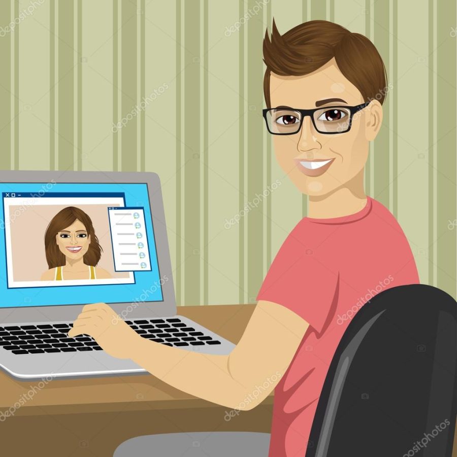 young nerd boy chatting with his girlfriend with video call using laptop sending text messages