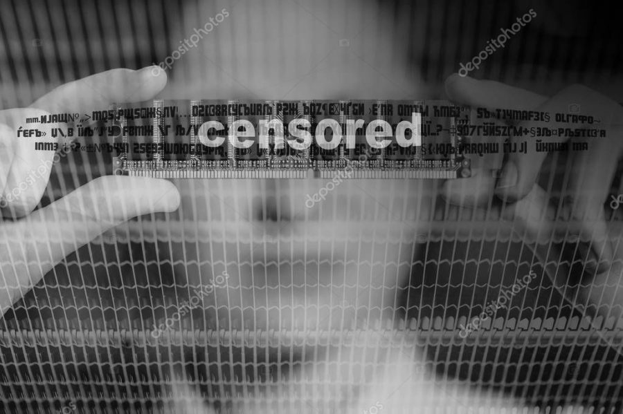 Anonymous person in digital space. Woman with not seen look and text "censored". Censor content with copy space. Monochrome background with IT technology. Virtual interface for human.