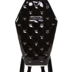 Bat Studded Quilted Faux Patent Coffin Backpack