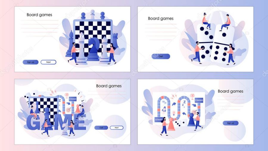 Board games. Tiny people playing and winning chess, domino, game cards and dice. Screen template for mobile smart phone, landing page, template, ui, web, mobile app, poster, banner, flyer. Vector