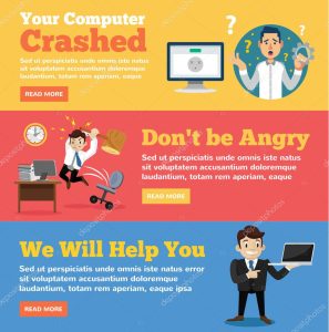 Computer service, computer store flat illustration concepts set